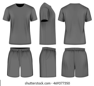 Men's black short sleeve t-shirt and sport shorts. Vector illustration. Fully editable handmade mesh.