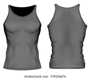 Men's black singlet. Front and back views of men's singlet (sleeveless t-shirt). Vector illustration. Fully editable handmade mesh.