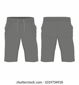 Men's black sport shorts. Front and back views on white background