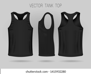 Men's black tank top template in three dimensions: front, side and back view. Blank of realistic male sport shirts