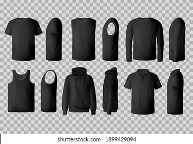 Mens Black T-shirt, Pullover And Hoodie Realistic Mockup. Polo Collar And Crew Neck T-shirts, Singlet, Sleeveless Pullover And Sweatshirt Front, Vector. Modern Men Casual Clothing Mock-up