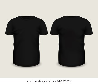 Men's black t-shirt with short sleeve in front and back views. Vector template. Fully editable handmade mesh.