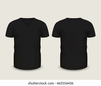 Men's black V-neck t-shirt short sleeve in front and back views. Vector template. Fully editable handmade mesh
