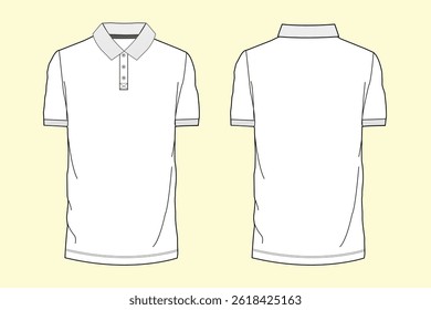 Mens black and white polo technical drawing fashion flat sketch vector illustration template front and back views outline CAD mockup