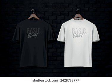 Men's black and white short sleeve t-shirt mockup in black wall surface with dark bricks. Front view. Vector template.