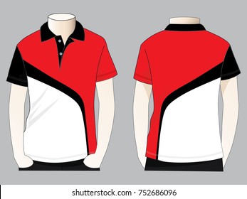 Men's Black-White-Red Short Sleeve Polo Shirt With Curve Style Design on Gray Background.Front and Back View, Vector File.