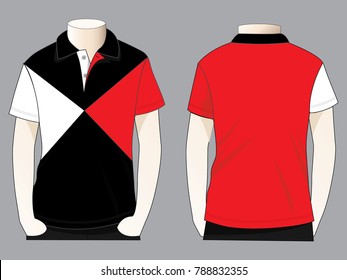 Men's Black-White-Red Short Sleeve Polo Shirt With Triangle Style Design on Gray Background.Front and Back View.