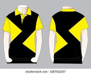 Men's Black-Yellow Short Sleeve Polo Shirt With Triangle Graphic Line Style Design Vector.Front and Back View.