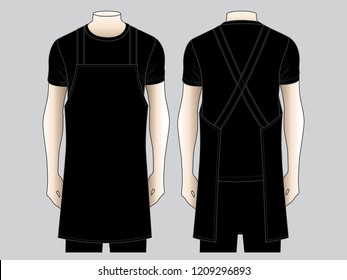 Men's Blank Black Apron Template on Gray Background. Front and Back Views, Vector File.