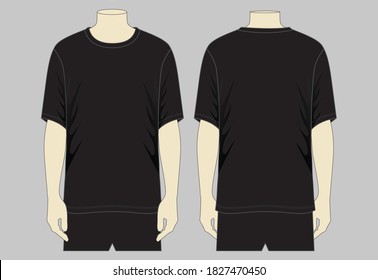 Men's Blank Black Oversize T-Shirt Vector For Template.Front And Back Views.