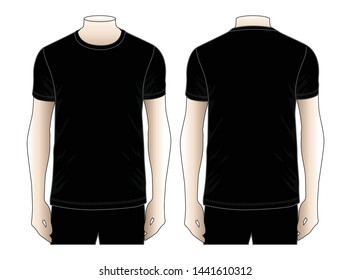 Men's Blank Black Short Sleeve T-Shirt Template on White Background.Front and Back View, Vector File.