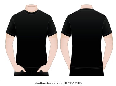 Men's Blank Black Short Sleeve T-Shirt Template on White Background.Front and Back View.