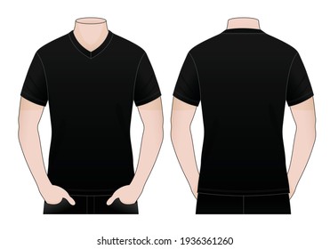 Men's Blank Black Short-Sleeve V-Neck Shirt Template on White Background. Front and Back Views, Vector File.