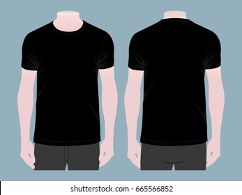 Men's Blank Black T-Shirt Template on Gray Background. Front and Back Views, Vector File.