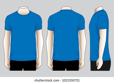 Men's Blank Blue Short Sleeve T-Shirt Template Vector.Front, Back and Side View.