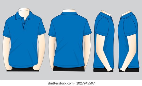 Men's blank blue shortsleeve polo shirt template on gray background.
Front, back and side view, vector file