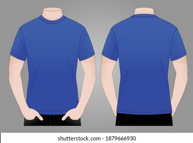 Vector de camiseta azul en blanco para hombres para plantilla.Vista frontal y posterior.