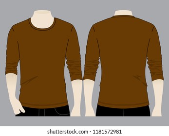 Men's blank brown long sleeve T-shirt vector.Front and back views.