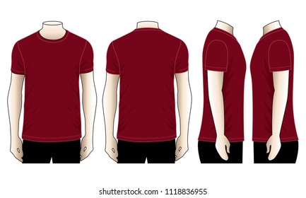 Men's Blank Crimson Short Sleeve T-Shirt Template on White Background.Front, Back and Side View.