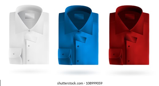 Men's blank folded shirts with a label.