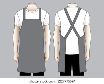 Men's Blank Gray Apron Template on Gray Background. Front and Back Views, Vector File.