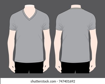Men's Blank Gray V-Neck Shirt Vector For Template.Front and Back Views.