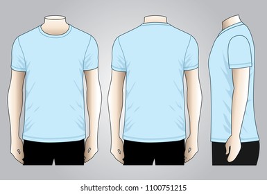Men's Blank Light Blue Short Sleeve T-Shirt Template Vector.Front, Back and Side View.
