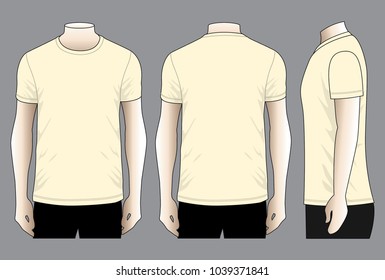 Men's Blank Light Yellow Short Sleeve T-Shirt Template on Gray Background. Front, Back and Side View.