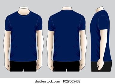 Men's Blank Navy Blue Short Sleeve T-Shirt Template Vector.Front, Back and Side View.