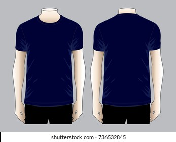 Men's Blank Navy Short Sleeve T-Shirt Template on Gray Background. Front and Back Views, Vector File.