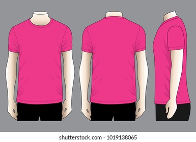 Men's Blank Pink Short Sleeve T-Shirt Template Vector.Front, Back and Side View.