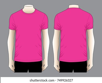 Men's Blank Pink Short Sleeve T-Shirt Template on Gray Background.Front and Back Views, Vector File.