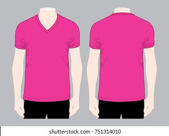 Men's Blank Pink V-Neck Shirt Vector For Template.Front And Back Views.