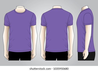 Men's Blank Purple Short Sleeve T-Shirt Template on Gray Background.Front, Back and Side View.