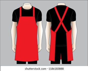 Men's Blank Red Apron Vector For Template.Front And Back Views.