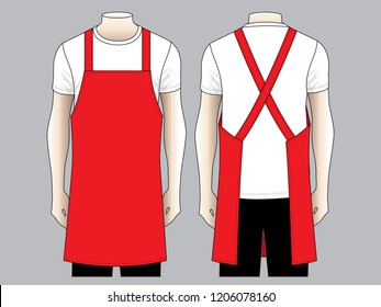 Men's Blank Red Apron Vector For Template.Front And Back Views.