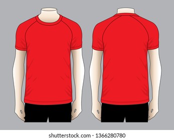 Men's Blank Red Raglan Short Sleeve T-Shirt Template on Gray Background.Front and Back View, Vector File.