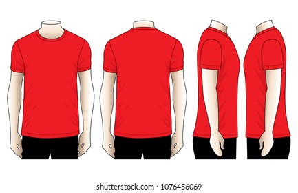 Men's Blank Red Short Sleeve T-Shirt Template On White Background.Front, Back and Side View.
