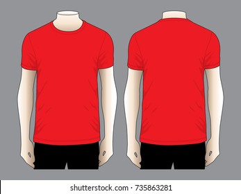 Men's Blank Red Short Sleeve T-Shirt Vector For Template.Front and Back View.