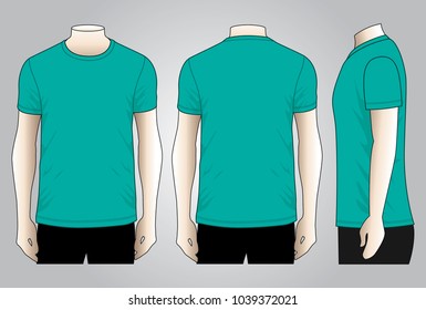 Men's Blank Turquoise Short Sleeve T-Shirt Template on Gray BackgroundFront, Back and Side View.