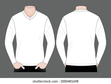 Men's Blank White Long Sleeves V-Neck Shirt Template On Gray Background.Front and Back View, Vector File