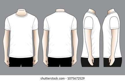 Men's Blank White Short Sleeve T-Shirt For Template นn Gray Background. Front, Back and Side View, Vector File.