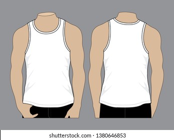 Men's Blank White Tank-Top Template on Gray Background. Front and Back Views, Vector File.