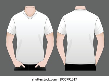 Men's Blank White V-Neck Shirt Vector For Template.Front And Back View.