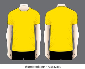 Men's Blank Yellow Short Sleeve T-Shirt Template on Gray Background.Front and Back View, Vector File.