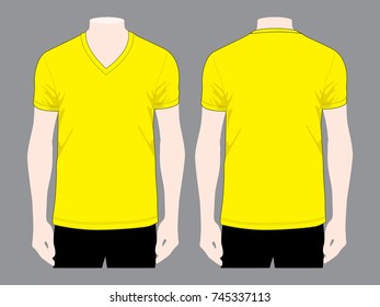 Men's Blank Yellow Short Sleeve V-Neck Shirt Template On Gray Background.Front and Back Views.