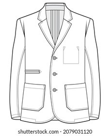 Mens Blazer Three Button Long Sleeve Sport Coat Flat Sketch Vector Illustration