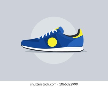 Mens blue and yellow sneakers on a gray background. Flat vector illustration.  Simple icon. 