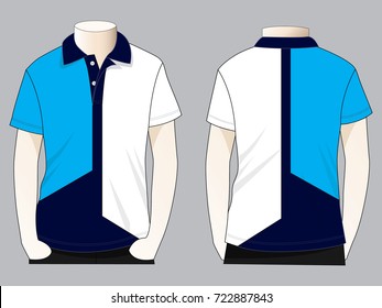 Men's Blue-Navy Blue-Blue Short Sleeve Polo Shirt Design Vector.Front and Back View.