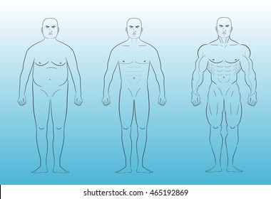 Men's body set. Before and after. Fat. Fit. Muscular.